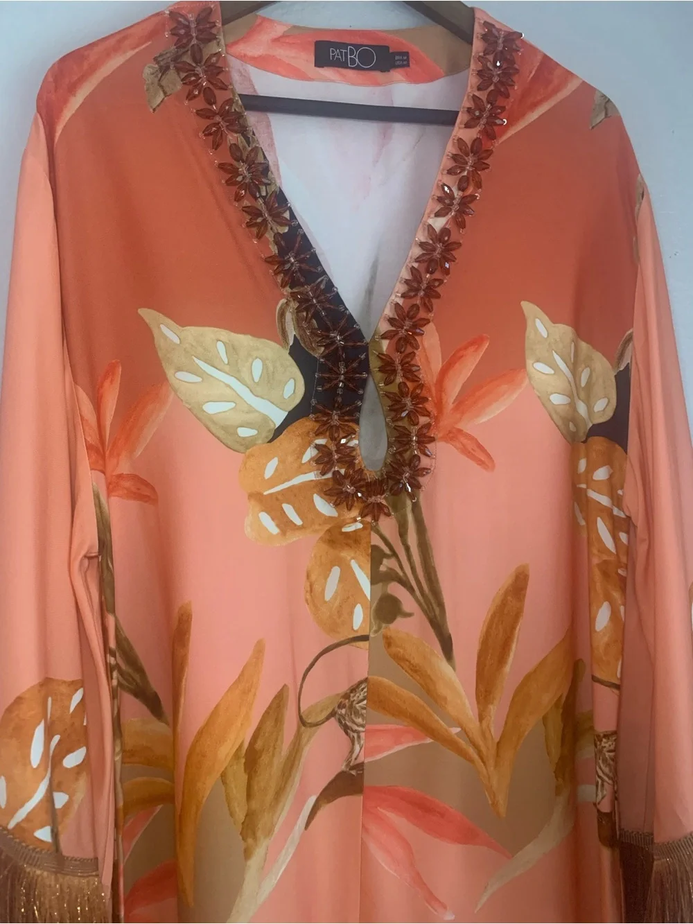 PatBO Bananier Short Coverup | Kaftan in Peach with Beaded Trim and Fringe - Picture 4 of 9